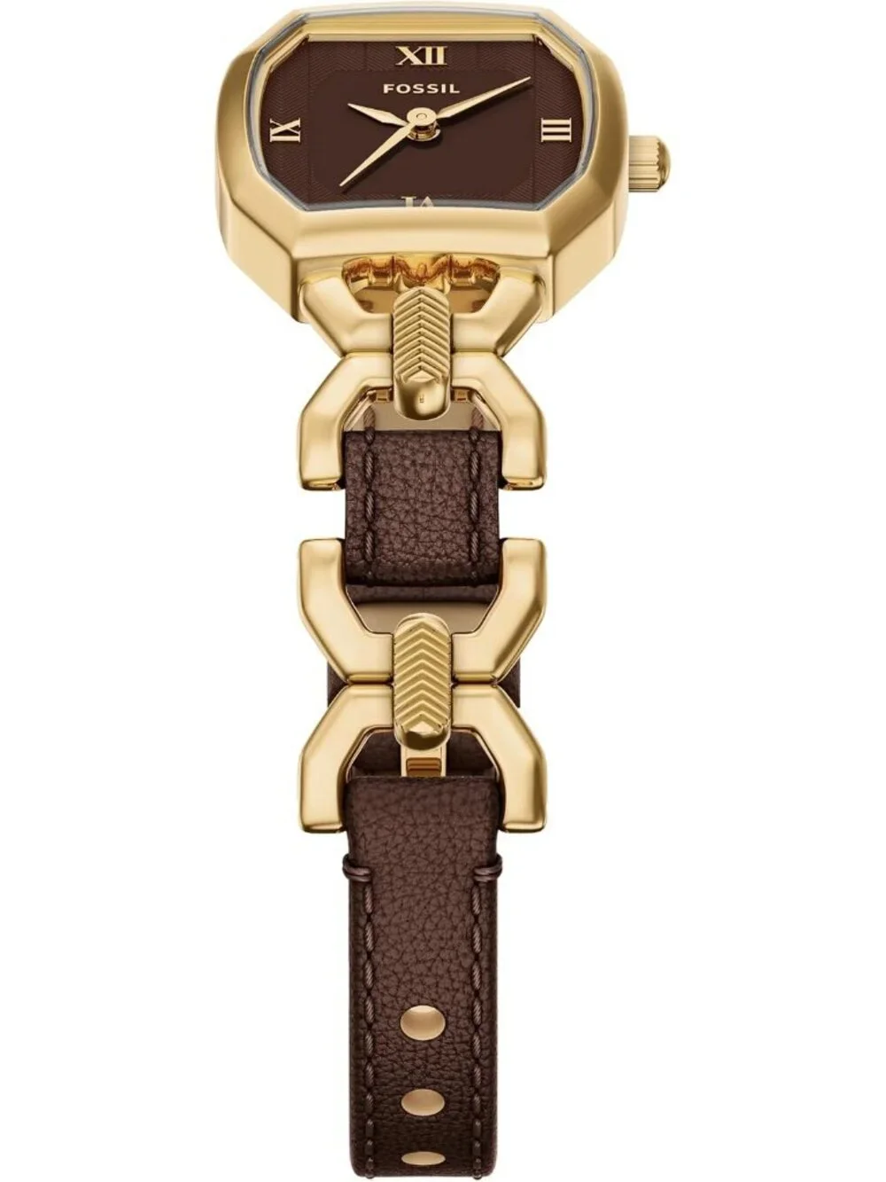 Women's Gold-Tone Stainless Steel Three-Hand Brown Leather Octagonal case Watch